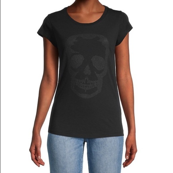 ZADIG & VOLTAIRE Black Cotton Modal Skull-Studded Skinny T-Shirt EUC Size XS - Picture 1 of 8